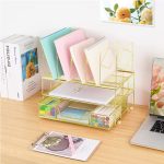 Youbetia Desk Organizers and Accessories - Double Tray and 5 Upright Sections, Office Supplies Desk Organizer with Drawer, File Office Organization with Binder Clips, Gold - Image 6